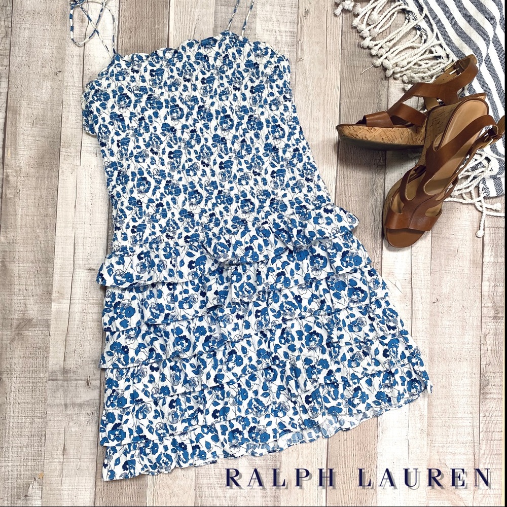 Ralph Lauren Blue/White Floral Dress Ruched Body
